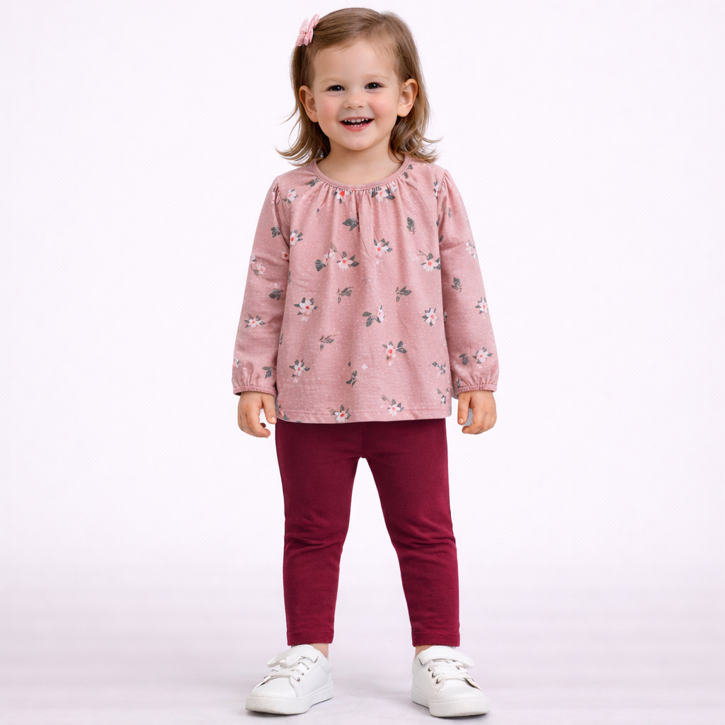 Conjunto Infantil Menina Manga Longa Legging Menina Flores Folhas Poa Rose Marsala