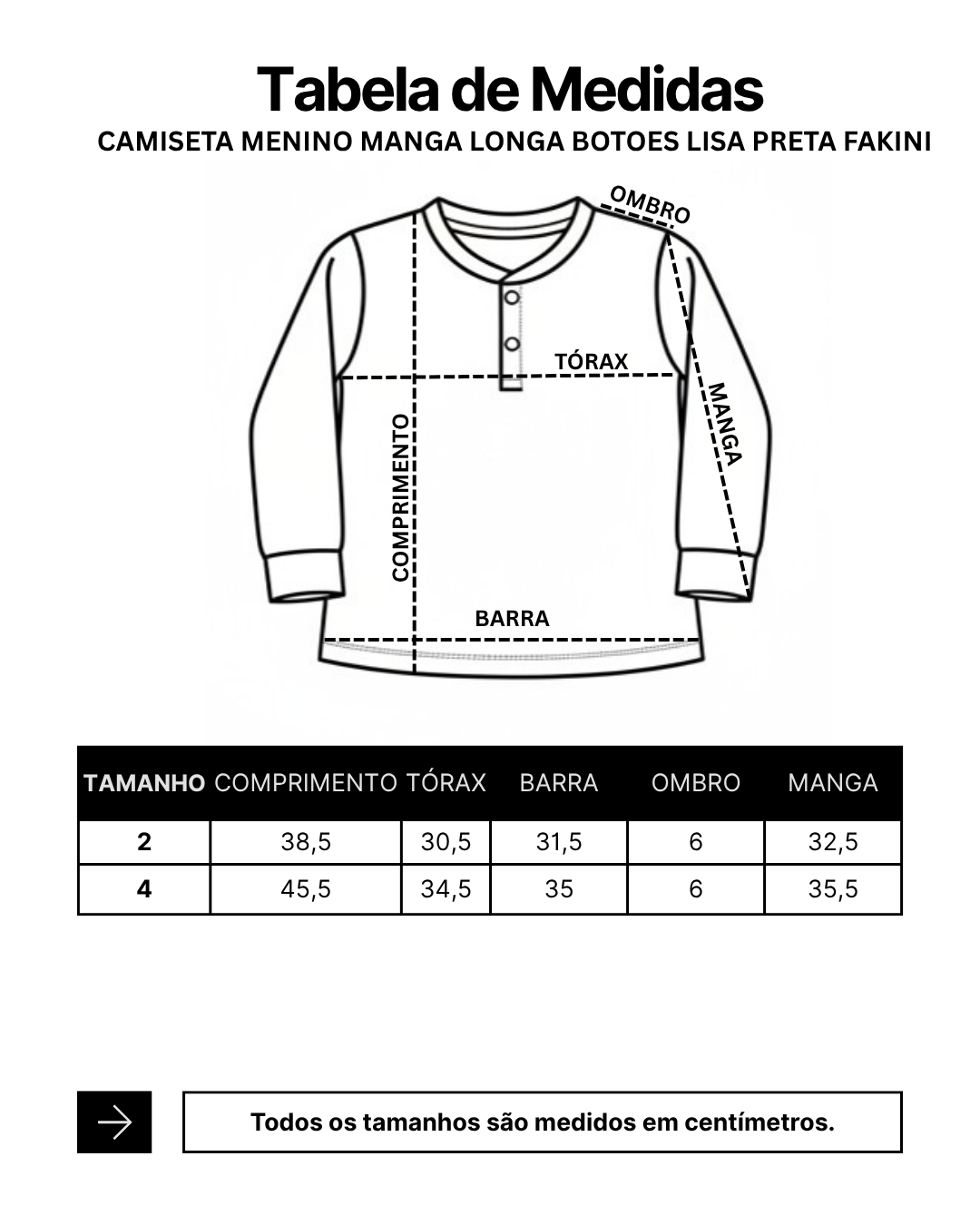 Camiseta Infantil Menino Manga Longa Botoes Lisa Preta Fakini