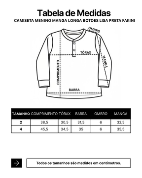 Camiseta Infantil Menino Manga Longa Botoes Lisa Preta Fakini