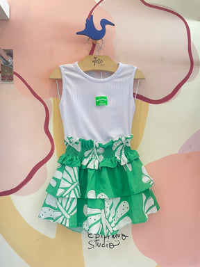Conjunto regata shorts saia menina Canelado Babados Branco Verde
