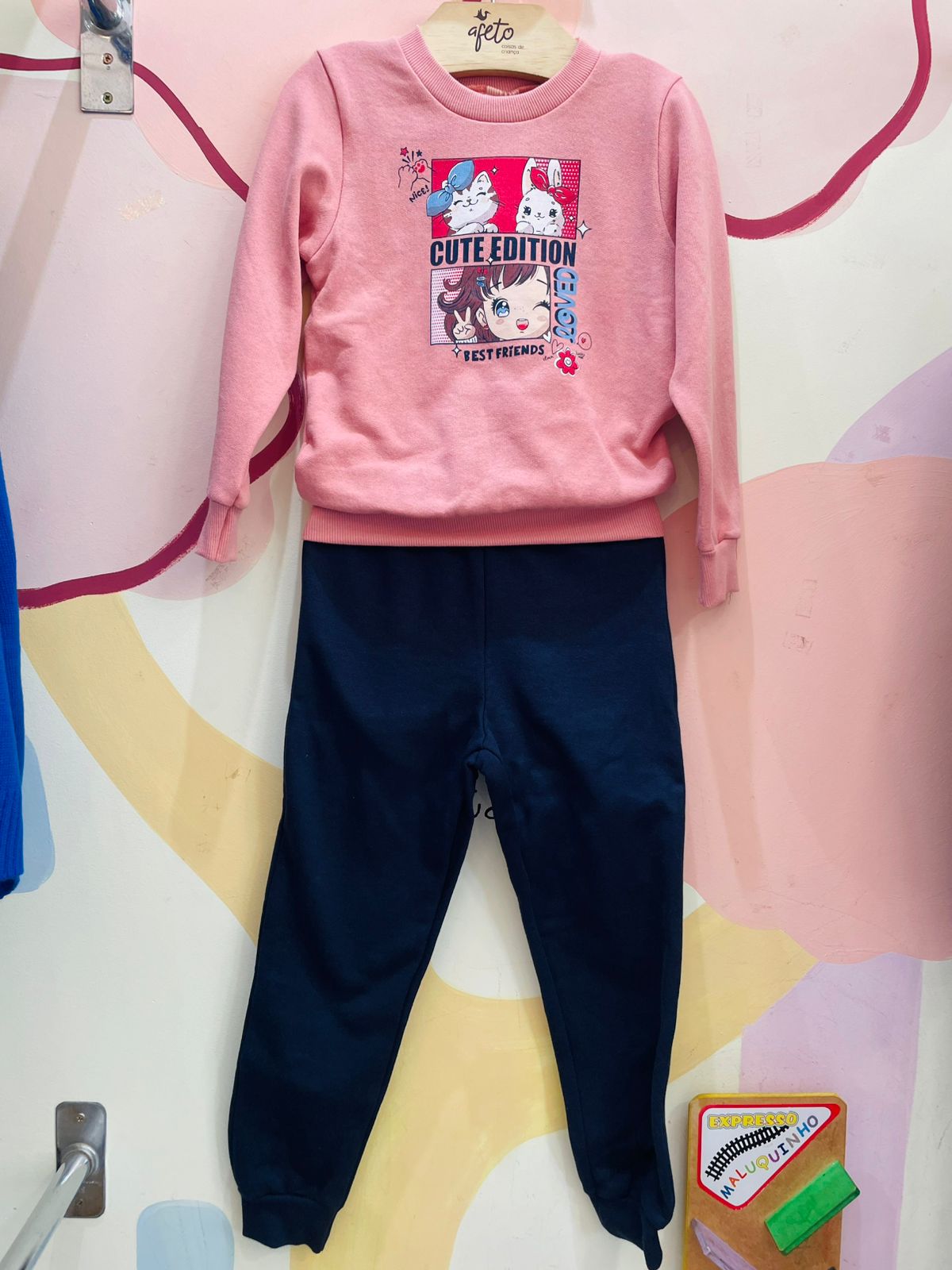 Conjunto Infantil Menina Manga Longa Flanelado com Calça de Punho em Algodão  Gata Ursa Rose Marinho