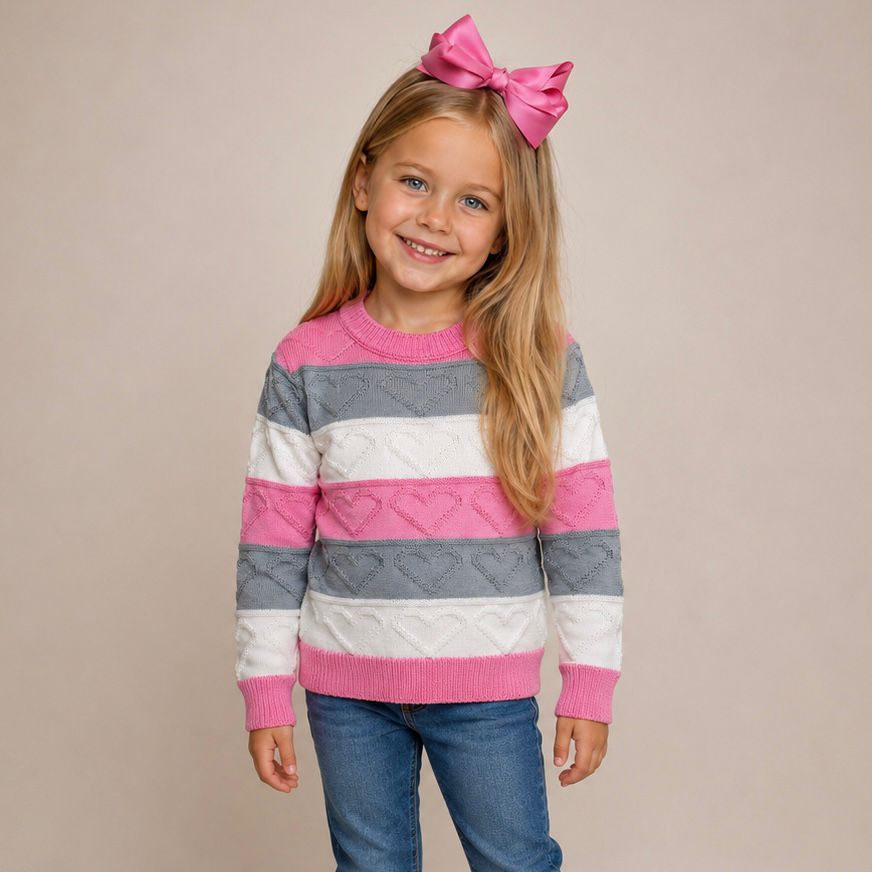 Blusa Sueter em Tricot Feminina Infantil com Corações Listras Cinza Rosa Off