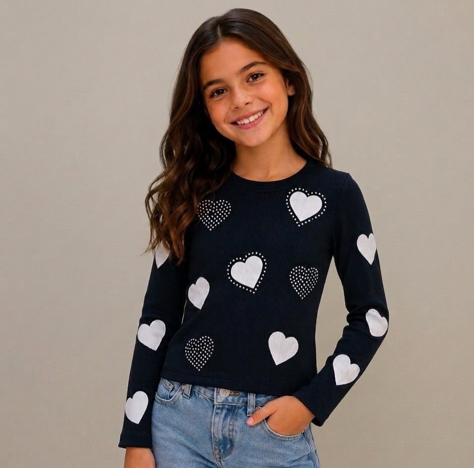 Blusa Feminina Infantil Canelada Corações Menina Manga Longa Preta Carol