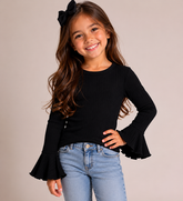 Blusa Feminina Infantil Canelada Menina Manga Longa Boca de Sino Preta Nina