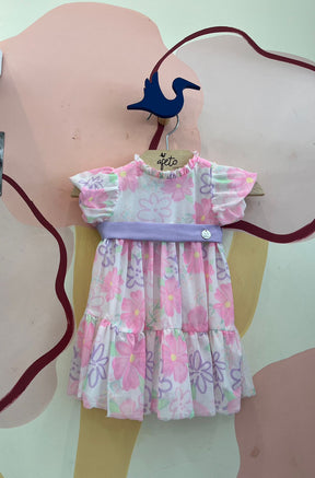 Vestido Manga Curta Malagah Menina Tule Flores