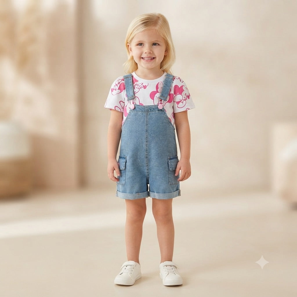 Jardineira Infantil Menina Jeans Botoes Rosa