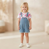 Jardineira Infantil Menina Jeans Botoes Rosa