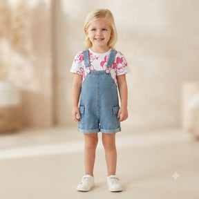 Jardineira Infantil Menina Jeans Botoes Rosa