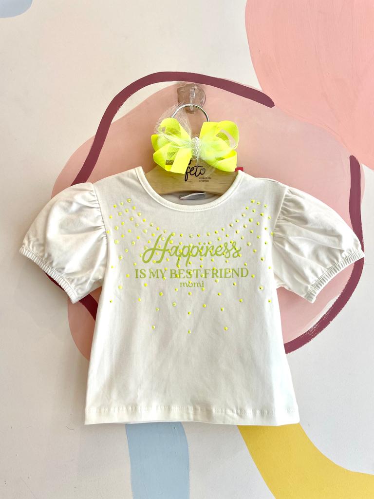 Blusa Manga Curta Momi Infantil Fem Manga Bufante Strass Off