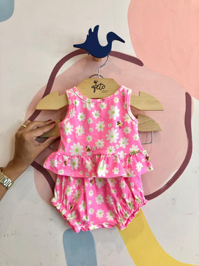 Conjunto Regata Shorts Menina Momi Flores Abelha Neon