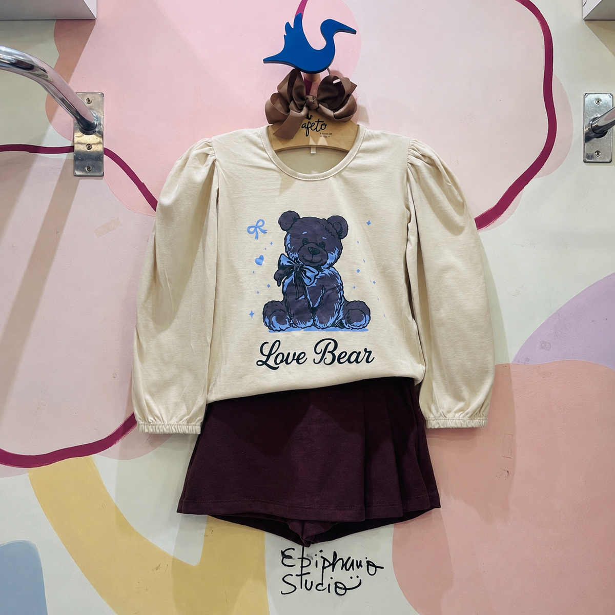 Conjunto Feminino Infantil Love Bear Manga Longa Shorts Saia Moletinho Marrom