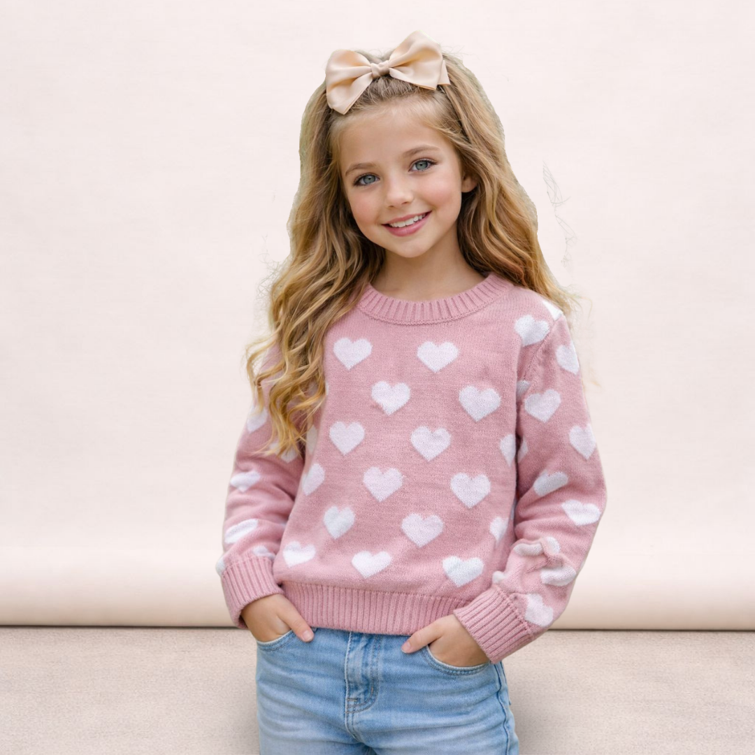 Blusa Sueter em Tricot Feminina Infantil com Corações Rose