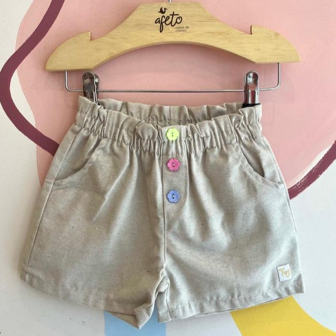 Shorts Kaiani Infantil Fem Linho Botoes Florzinhas