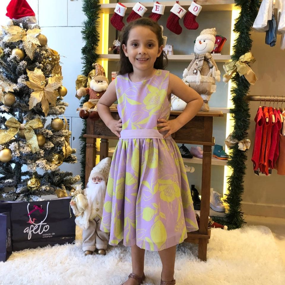 Vestido regata menina Tule Flores Roxo Verde