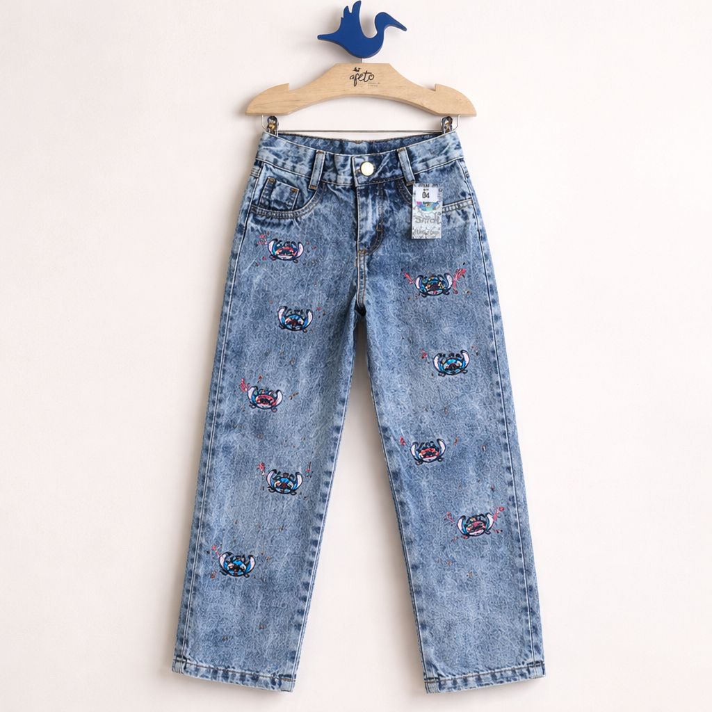 Calça Jeans Claro Menina Infantil Stitch Bordada Feminina