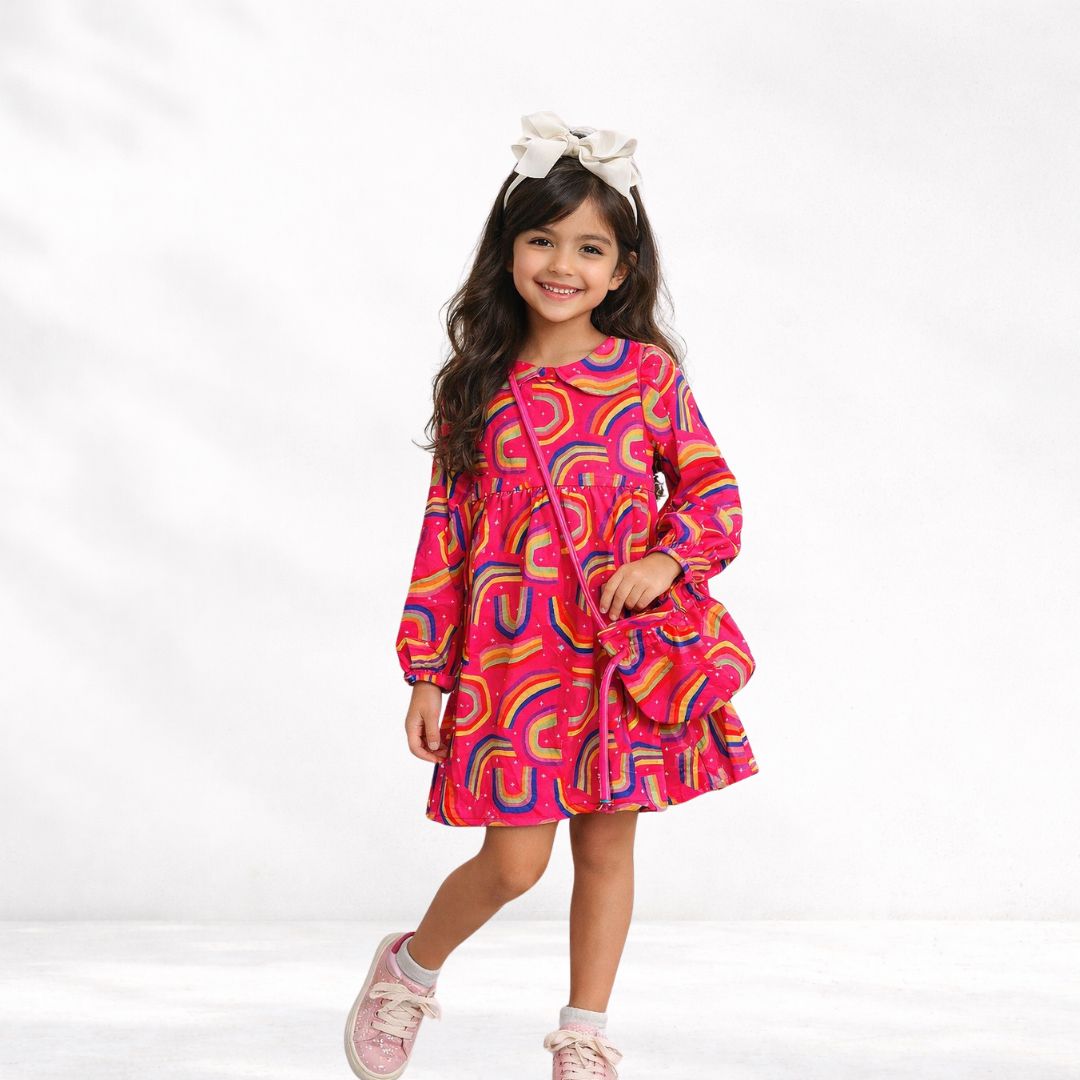 Vestido Manga Longa Menina Infantil Arco Iris com Bolsinha