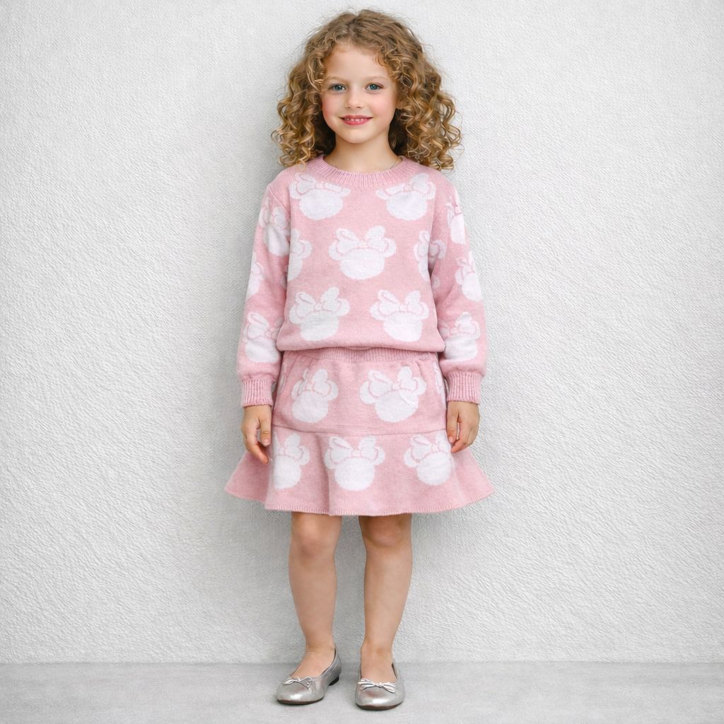 Conjunto Tricot Minnie Blusa Manga Longa Saia Rose