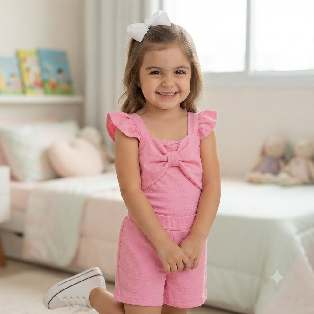 Conjunto Manga Curta Shorts menina Laco Pipoquinha Rosa