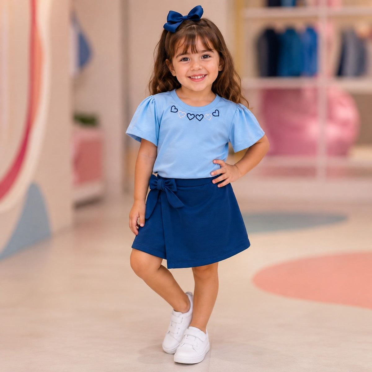 Conjunto Infantil Menina Shorts Blusa Coracao Azul
