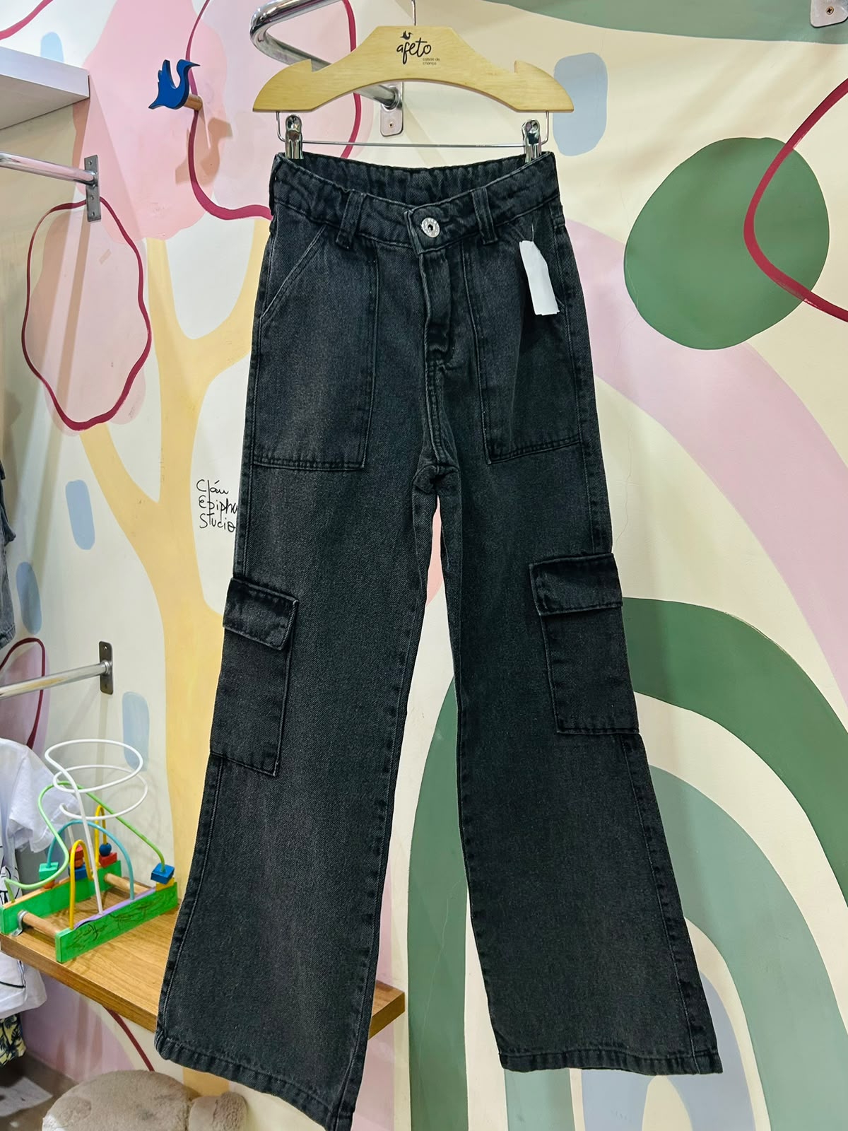 Calça Cargo Wid Leg Infantil Menina Jeans Preto Estonado