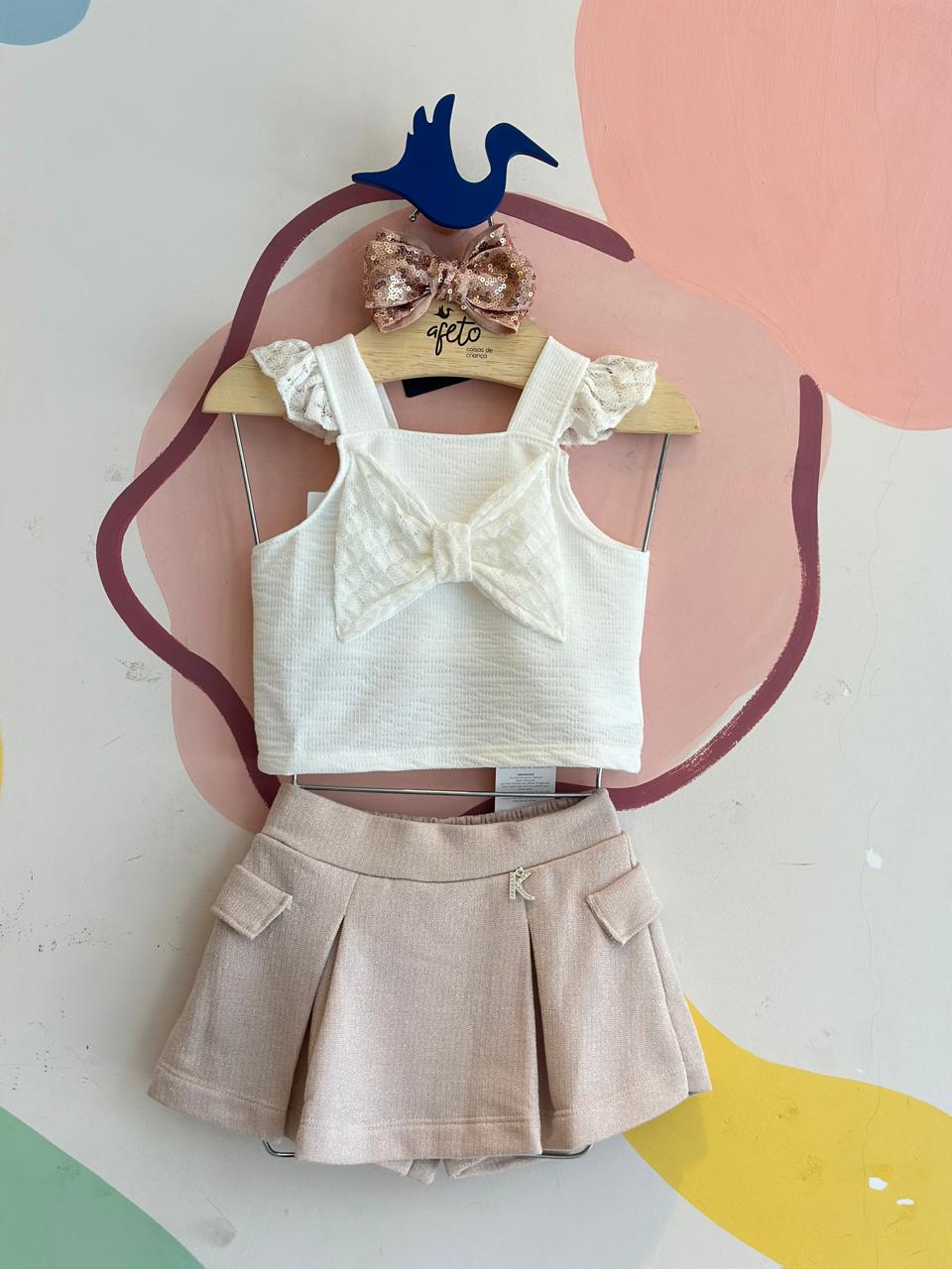 Conjunto Regata Shorts Saia Kiki Xodo Menina Lurex Laço Off White