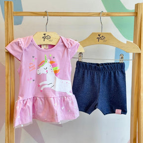 Conjunto Manga Curta Shorts Hrradinhos Menina Unicornio