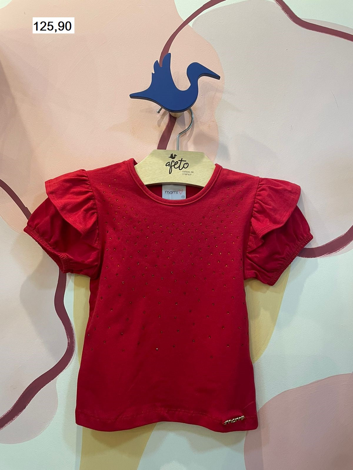 Blusa Manga Curta Momi Infantil Fem Strass Manga Bufante Vermelho