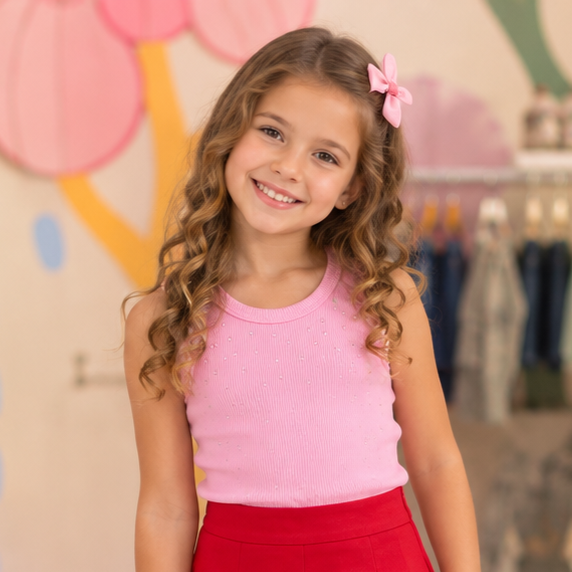 Blusa Infantil Menina Regata Canelada Strass Rosa Mon Sucre