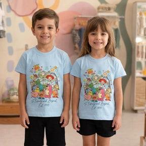 Camiseta Infantil Unissex Menino Menina Manga Curta Azul Toy Story Land
