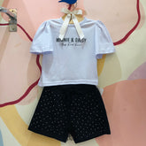 Conjunto Menina Minnie Margarida Disney manga curta branco shorts preto