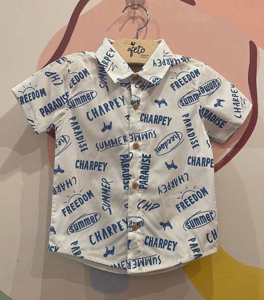 Camisa Manga Curta Charpey Infantil Menino Lettering Tricoline Branco