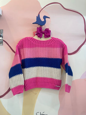 Blusa manga longa menina Momi Trico Listrado Rosa Azul