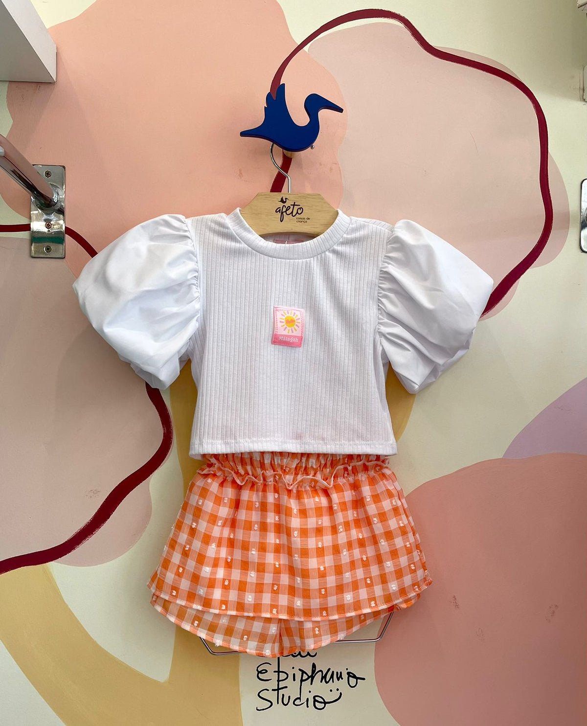 Conjunto Manga Curta Saia Malagah Infantil menina Xadrez Manga Bufante