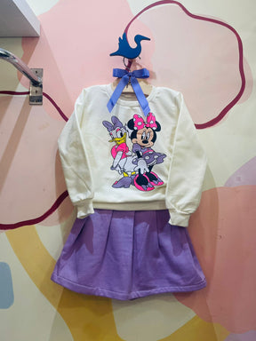 Conjunto Feminino Infantil Flanelado Minnie Margarida Manga Longa Shorts Saia Off Lilás Minnie e Margarida